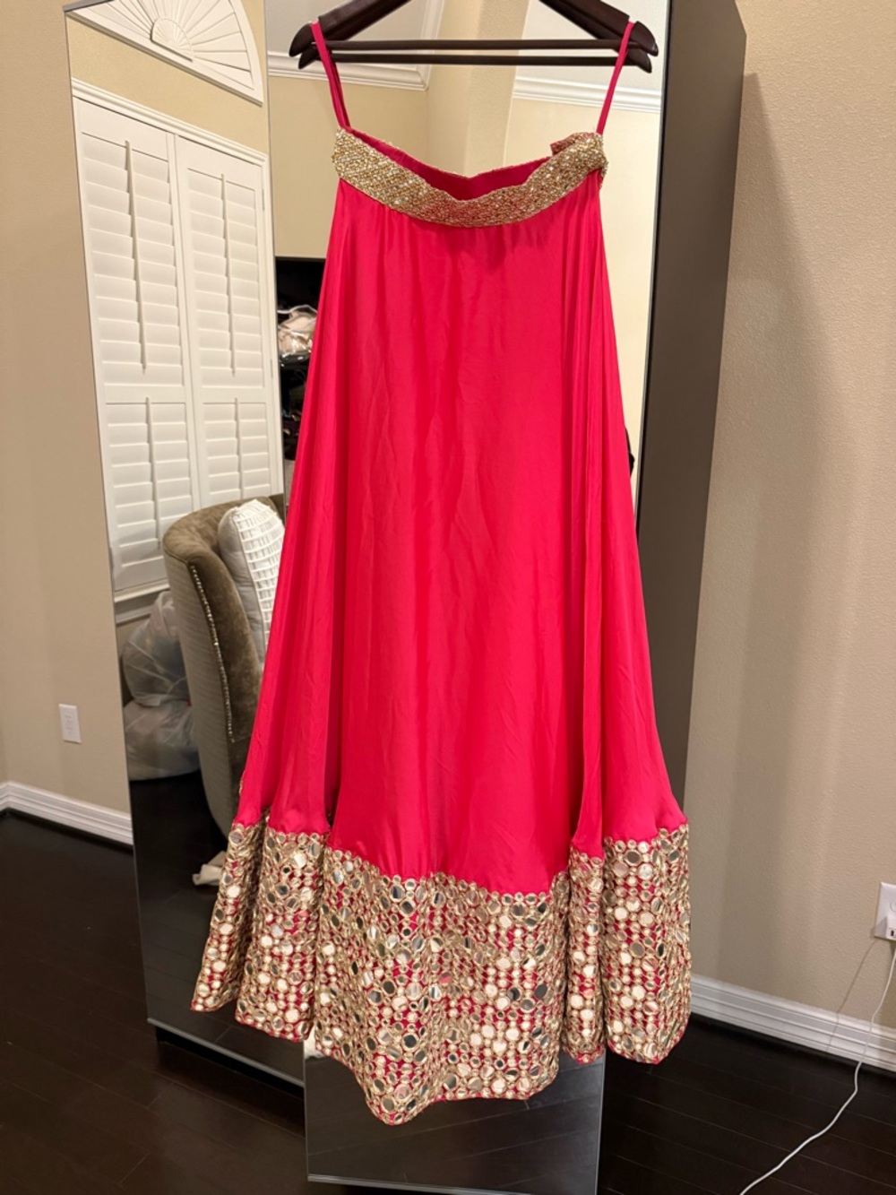 Vibrant Pink Lehenga with Gold Mirror Embellished Border